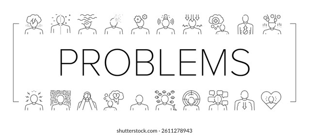 Psychological Problems Collection Icons Set Vector. Depression And Bipolar Disorder, Schizophrenia And Dementia, Autism And Stress Problems Black Contour Illustrations