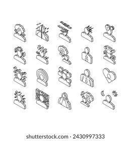 Conjunto de iconos isométricos de la colección de problemas psicológicos. Depresión Y Trastorno Bipolar, Esquizofrenia Y Demencia, Autismo Y Estrés Problemas De Contorno De Colores .