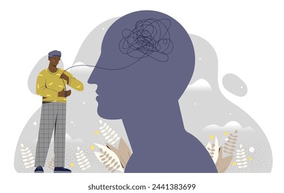 Concepto de problemas psicológicos. Hombre cerca de la silueta de la cabeza. Enfermedades mentales. Frustración y depresión, soledad. Ilustración plana del vector de la historieta aislada sobre fondo blanco
