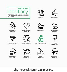 Psychological problems and emotions - line design style icons set with editable stroke. Depression, procrastination, narcissism, burnout, psychosomatics and impostor syndrome, sleep and eating trouble