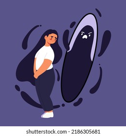 Problemas psicológicos y fobia. Mujer triste mirando al espejo. Niña joven deprimida con desorden alimentario, dismorfobia. Ilustración plana vectorial. Insatisfacción con el cuerpo, peso, apariencia