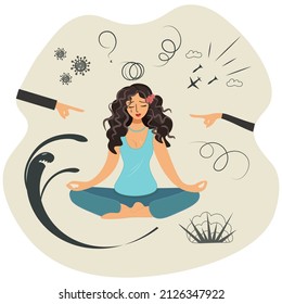 Psychological problems, fears, depression, coronovirus, the threat of war. A young woman, upset by life events, seeks solace in meditation. Vector illustration. Cartoon, flat. Mental health concept.