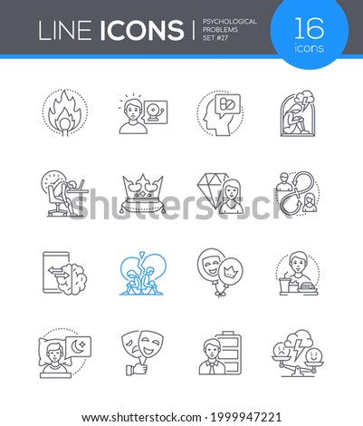 Psychological problems - line design style icons set. Mental health idea. Anxiety, depression, narcissism, emotional burnout, technology addiction. Eating, sleep, personality and mood disorders