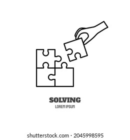 Psychological problems line icon concept. Puzzle and human hand solving outline stroke element. Psychologist counseling.Psychotherapy. Editable stroke vector illustration