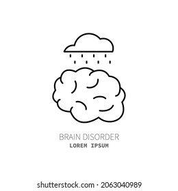 Concepto de icono de línea de problemas psicológicos. Cerebro humano con elemento de trazo de contorno de nubes y lluvias. Asesoramiento psicológico. Ansiedad, trastorno del humor, depresión. Ilustración vectorial de trazo editable