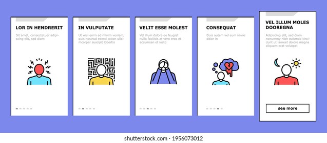 Psychological Problems Onboarding Mobile App Page Screen Vector. Depression And Bipolar Disorder, Schizophrenia And Dementia, Autism And Stress Problems Illustrations