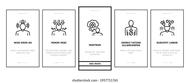 Psychological Problems Onboarding Mobile App Page Screen Vector. Depression And Bipolar Disorder, Schizophrenia And Dementia, Autism And Stress Problems Illustrations