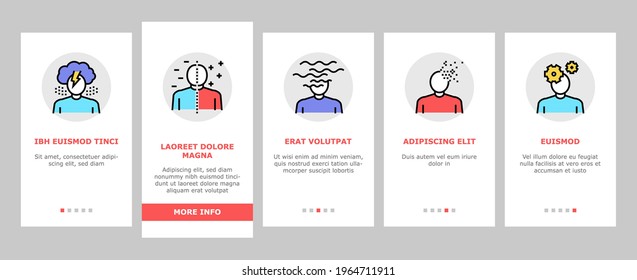 Psychological Problems Onboarding Mobile App Page Screen Vector. Depression And Bipolar Disorder, Schizophrenia And Dementia, Autism And Stress Problems Illustrations