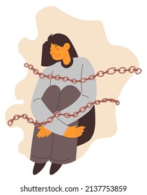 Psychologische Probleme und Kommunikationsprobleme, isolierte weibliche Charaktere durch Depression und Einsamkeit verkettet. Trauriger und unglücklicher Ausdruck des Teenagers. Schwierigkeiten und Sorgen, Vektorgrafik