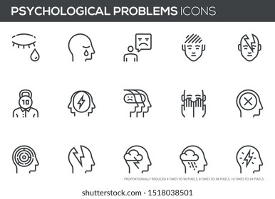 Psychological problems vector line icons set. Mental disorders, depression, sadness, melancholy. Editable stroke. Perfect pixel icons, such can be scaled to 24, 48, 96 pixels.