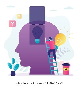 Psychological reboot. Tiny businessman changes light bulb in brain. Creativity, new ideas, work on a new business project. Burnout at work. Mental health, concept banner. Flat vector illustration