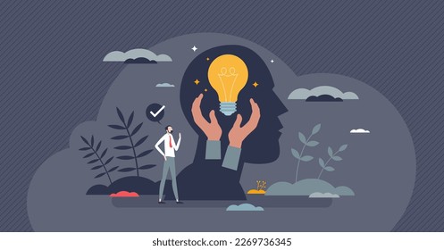 Psychological safety feeling for creative idea generation tiny person concept. Faith and belief in professional work without risk in case of failure vector illustration. Effective mental protection.