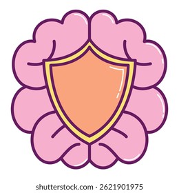 Ícone de Segurança Psicológica representado pelo cérebro, escudo Estilo de cor linear.
