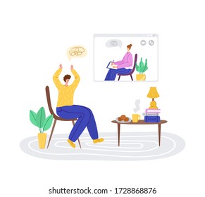 Psychological servise online, personal assistance. Upset man calling to psychologist. Costumer on therapist on devices screen on individual therapy session, helpful consultation. Isolated vector