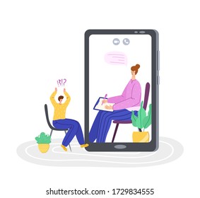 Psychological servise online, personal assistance. Upset man calling to psychologist. Costumer on therapist on devices screen on individual therapy session, helpful consultation. Isolated vector