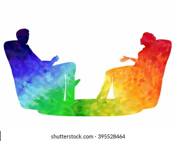 Psychological session: man and woman are sitting in chairs talking