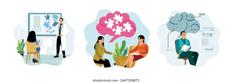 Apoio psicológico à terapia por sessão. Psiquiatra em diálogo com paciente durante sessão de aconselhamento com bolhas de fala. Psicoterapia analisa neurociência e tecnologia em terapia.