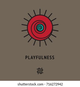 Psychological sign of smiling sun, symbol of playfulness. Philosophical logo +different icon below. Maze card, playing cover. Mental illustration, abstract wallpaper, symbolic poster.