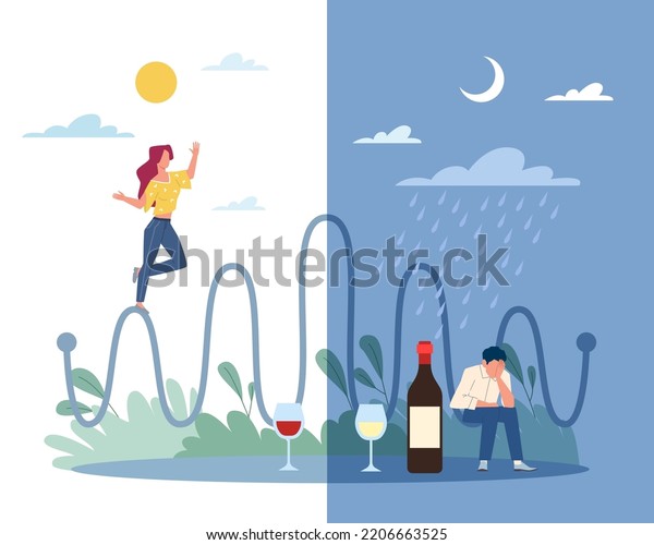 Psychological state, bipolar disorder, happiness\
and depression. Man and woman unstable mood and alcoholism, bad and\
good thoughs, split personality. Mental health vector cartoon flat\
concept