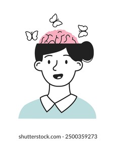 Concepto de estado psicológico. Mujer con mariposas en su cerebro. Salud mental y psicológica. Positivo y optimista. Ilustración vectorial lineal aislada sobre fondo blanco