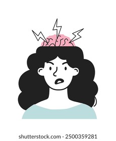 Psychological state concept. Woman with lightning in her brain. Mental and psychological health. Angry young girl. Social media sticker. Linear vector illustration isolated on white background