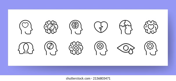 Psychological state icons set. Heartbreak, split personality, healthy thinking and meditation icons. Psychology concept. Vector EPS 10.