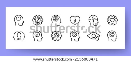 Psychological state icons set. Heartbreak, split personality, healthy thinking and meditation icons. Psychology concept. Vector EPS 10. [[stock_photo]] © 