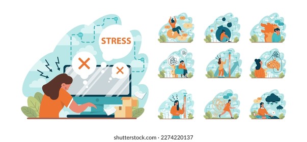 Equipo de estrés psicológico. Carácter que experimenta problemas de salud mental como estrés, depresión y frustración. Mujer lidiando con tensión emocional. Ilustración vectorial plana