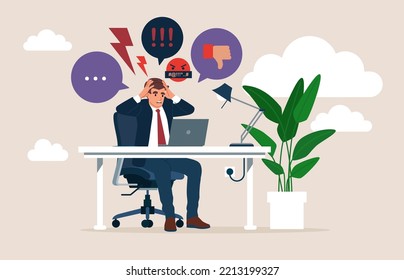 Psychological suffering from negative website comments and emotional frustration. Online trolling and social media victim cruel bullying. Flat vector illustration.