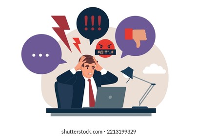 Psychological suffering from negative website comments and emotional frustration. Online trolling and social media victim cruel bullying. Flat vector illustration.