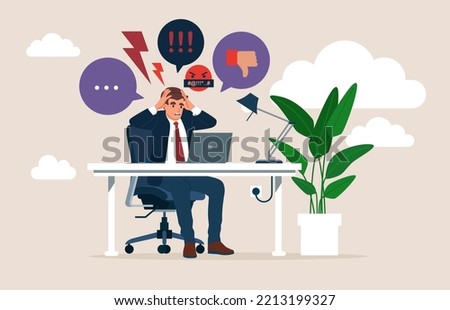 Psychological suffering from negative website comments and emotional frustration. Online trolling and social media victim cruel bullying. Flat vector illustration.