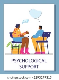 Banner de apoyo psicológico o plantilla de afiche con el hombre en sesión de psicoterapia individual, ilustración de vector plano aislado en fondo blanco.