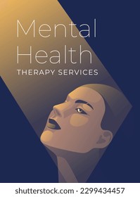 Psychological support concept art poster. Beautiful woman's face on a beam of light. Metaphor. Light and gradient effect. Vector illustration