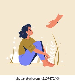 Psychological Support Concept. Psychotherapy. Sad Depressed Woman Sitting Getting Help And Cure From Stress Feeling Lonely And Unhappy Vector Illustration. Psychology Aid To Woman With Mental Disorder