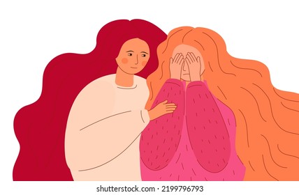 Psychological support concept vector. Empathy, patient at psychologist appointment. Sister hugs sister, girlfriend. Mental health support.   Helping hand for depressed, unhappy girl.