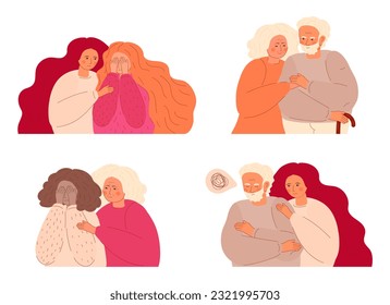Psychological support concept vector set. Empathy, patient at psychologist appointment. Mental health support.   Helping hand for depressed, unhappy girl, woman, senior man.