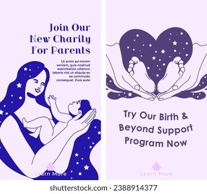 Psychological support and counseling during pregnancy, after childbirth, financial assistance. Woman with child in her arms. Website landing page template, online site. Vector in flat styles