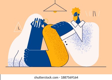 Psychological support, depression, grief concept. Serious man psychologist cartoon character sitting and trying to calm crying depressed unhappy woman obscuring face with hands vector illustration 
