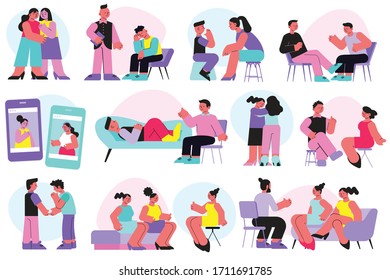 Psychological support flat icons set with people talking about their problems to friends and consulting psychologists isolated vector illustration