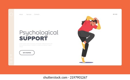 Psychological Support Landing Page Template. Fear, Fright, Panic Attack Concept. Frightened Female Character Cover Head with Hands. Woman Afraid of Something, Scared Girl. Cartoon Vector Illustration