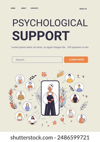 Psychological support Mental Health Concept diverse people connected through a smartphone surrounded by floral elements and icons website design