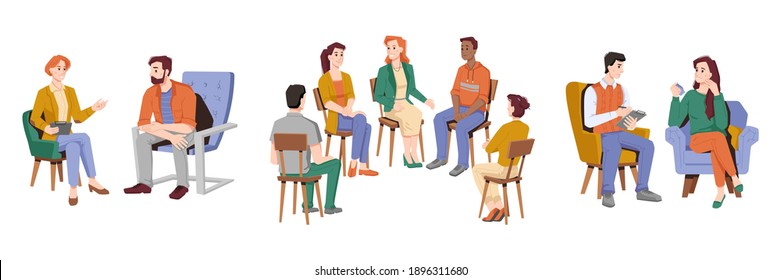 Psychological support and mental healthcare of people communicating in groups. Males and females listening about problems and sharing troubles. Counseling and psychoanalysis. Vector in flat style