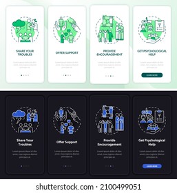 Psychological support night and day mode onboarding mobile app screen. Walkthrough 4 steps graphic instructions pages with linear concepts. UI, UX, GUI template. Myriad Pro-Bold, Regular fonts used