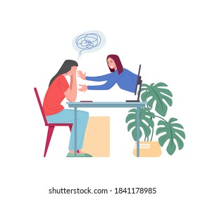 Psychological support online, vector flat illustration. Cartoon female patient with mental disorder in front of laptop isolated on white. Psychotherapeutic session, psychiatric or psychological aid.