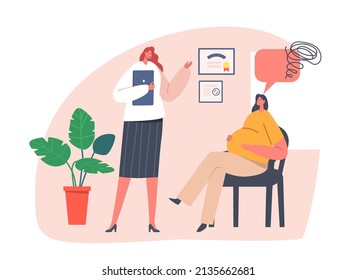 Psychological Support for Pregnant Woman, Coach and Pregnant Female Characters Sitting on Chair in Perinatal Class Speaking and Discussing of Maternity Issues. Cartoon People Vector Illustration