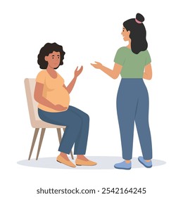 Apoio psicológico para a mulher grávida. Treinador ou doula falando de problemas de maternidade com mulher grávida. Ilustração de vetor