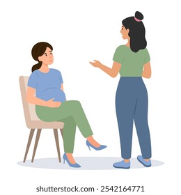 Psychological Support for Pregnant Woman. Coach or doula speaking of Maternity Issues with  Pregnant woman. Vector Illustration