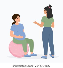 Apoio psicológico para a mulher grávida. Treinador ou doula falando de problemas de maternidade com mulher grávida. Ilustração de vetor