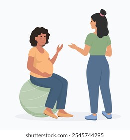 Apoio psicológico para a mulher grávida. Treinador ou doula falando de problemas de maternidade com mulher grávida. Ilustração de vetor