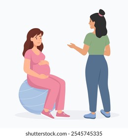 Apoio psicológico para a mulher grávida. Treinador ou doula falando de problemas de maternidade com mulher grávida. Ilustração de vetor